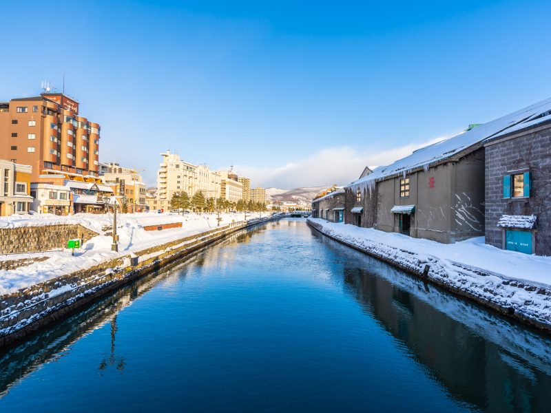 Beautiful landscape and cityscape of Otaru canal river in winter and snow season at Hokkaido Japan